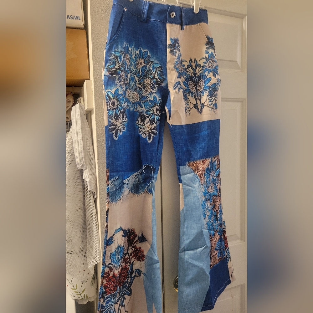 Blue Floral Patchwork Pants - Picture 2 of 5